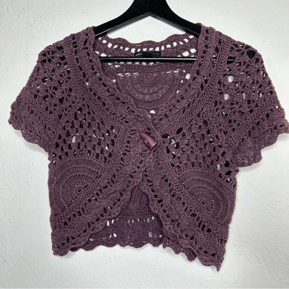 Mango Crochet Short Sleeveve Sweater Top Overlay - Picture 1 of 6
